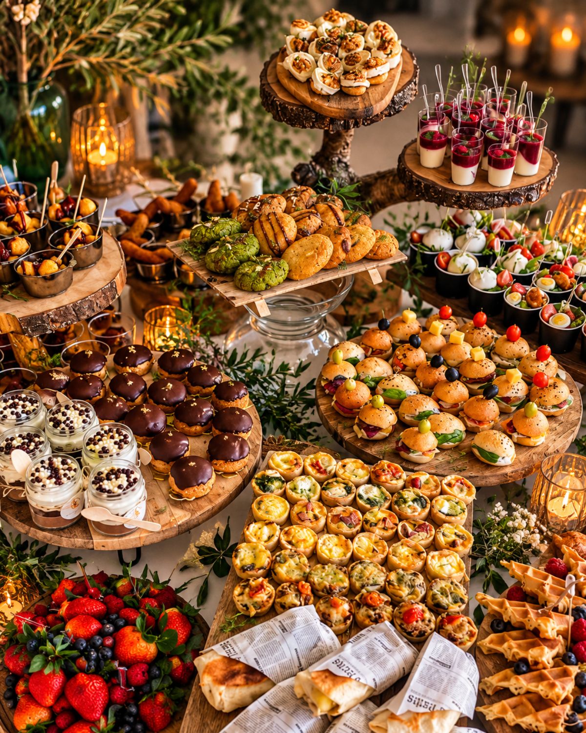 Surtido de bocados en miniatura para un catering de evento