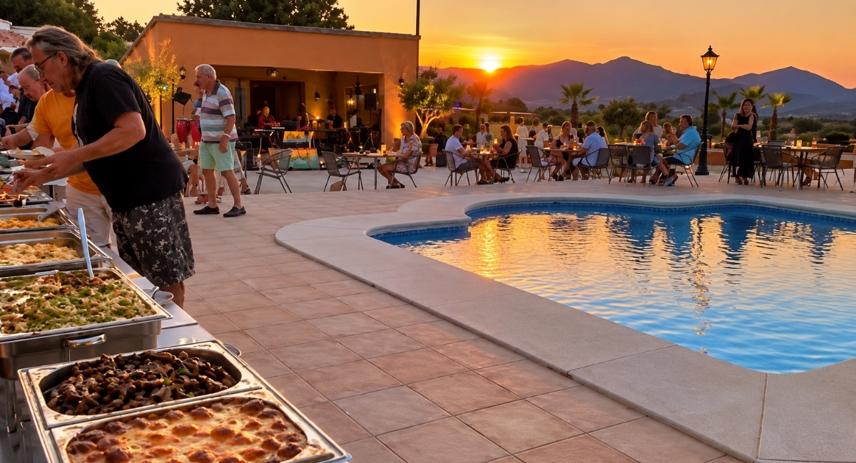 Celebración al atardecer junto a la piscina de Pool Bar con buffet y música en vivo, Benidoleig