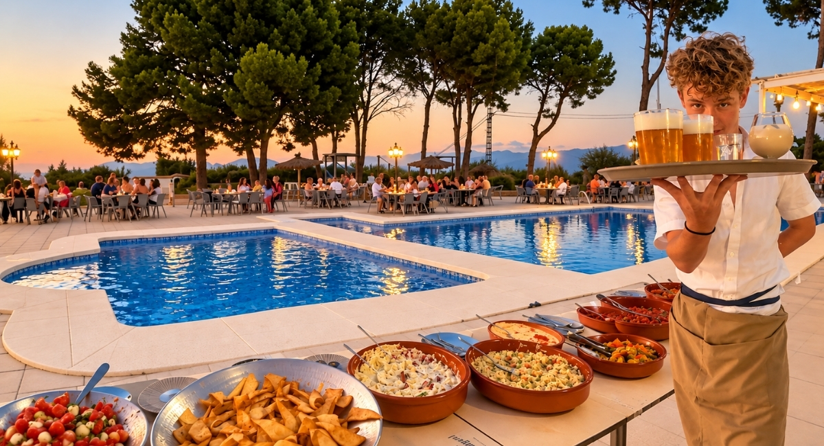 Camarero con bebidas para un grupo durante una celebración en la terraza de la piscina de Pool Bar