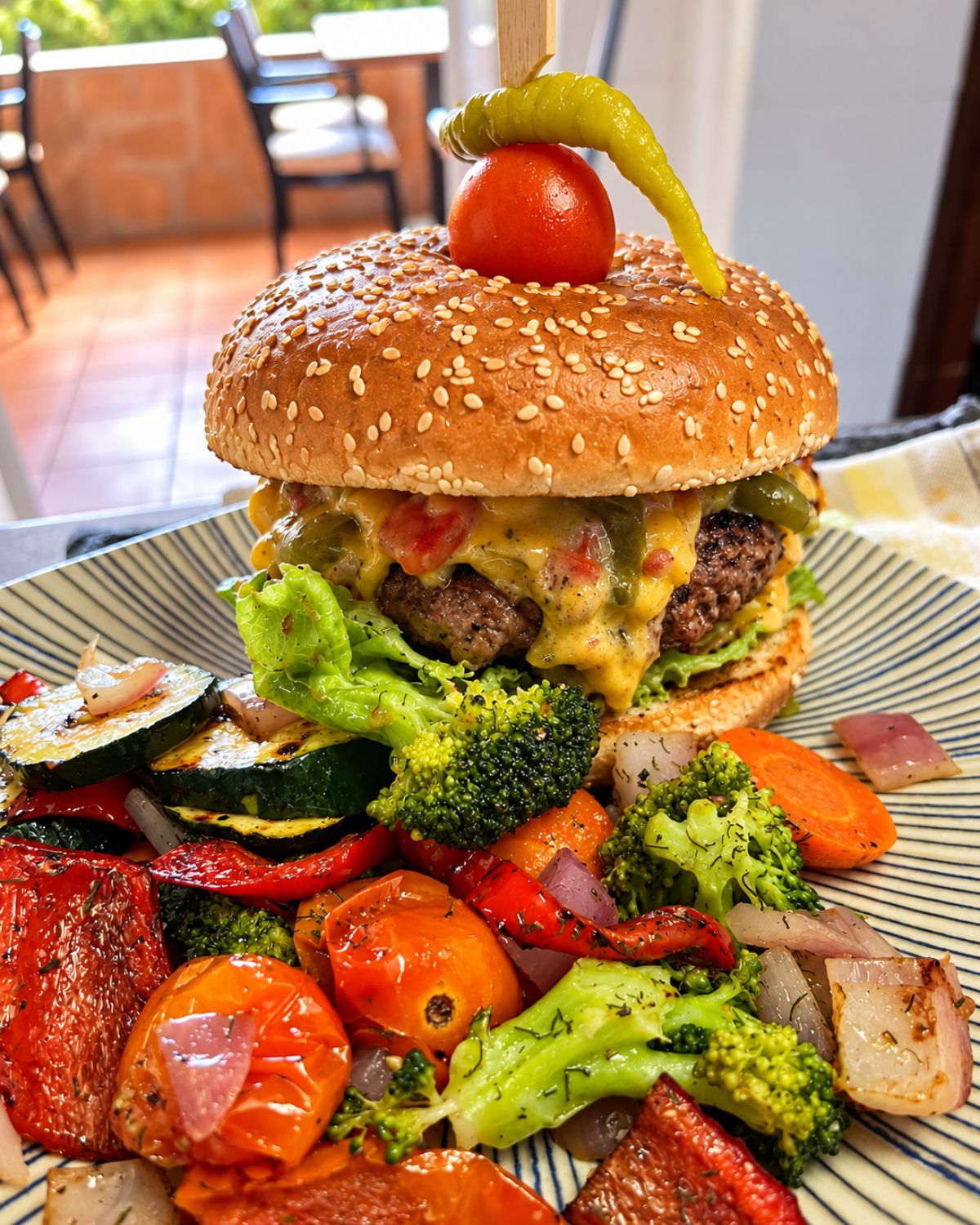 Hamburguesa gourmet servida con ensalada fresca, Pool Bar restaurante en Benidoleig, Marina Alta