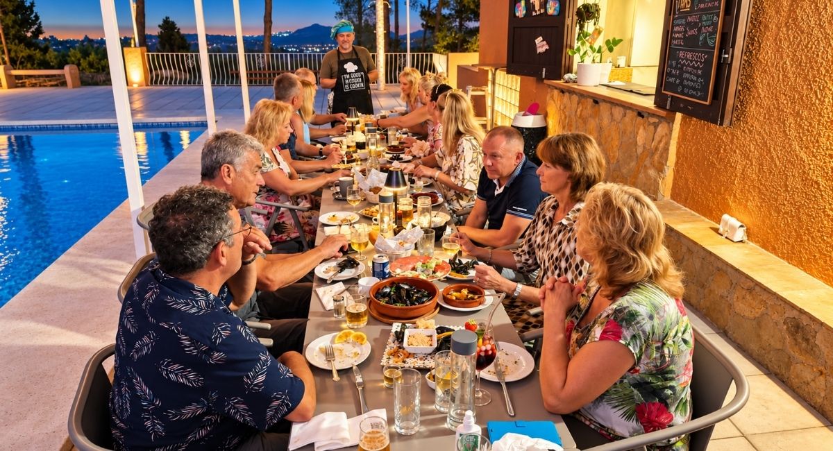 Grupo de amigos compartiendo una comida en una mesa larga, Pool Bar restaurante en Benidoleig, Marina Alta