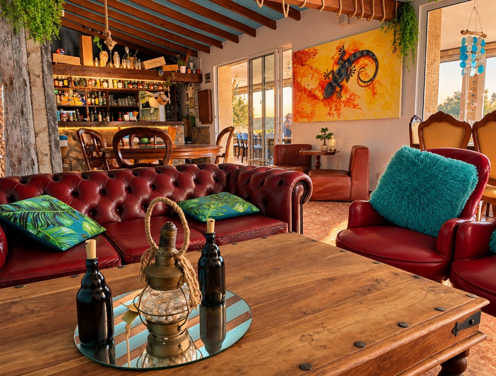 Zona de sofás acogedora para tomar una copa, Pool Bar restaurante en Benidoleig, Marina Alta
