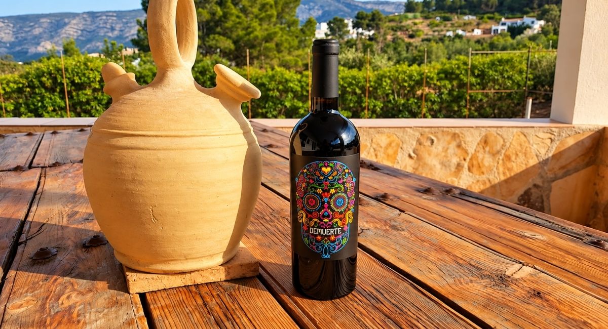 Botella de vino en una mesa con vistas a las montañas, Pool Bar restaurante en Benidoleig, Marina Alta