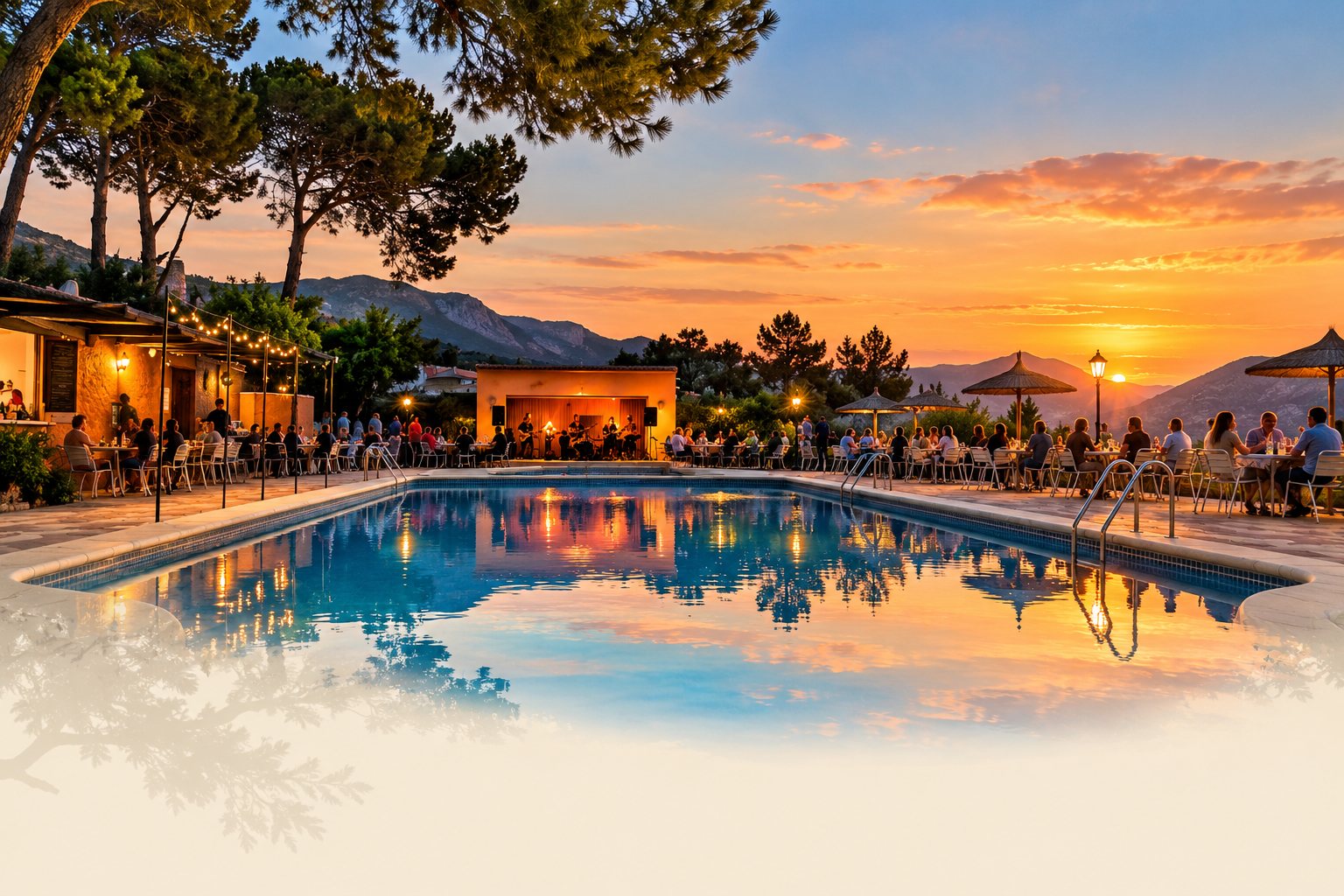 Piscina de Pool Bar al atardecer, con mesas alrededor del agua, música en directo, pinos y montañas al fondo
