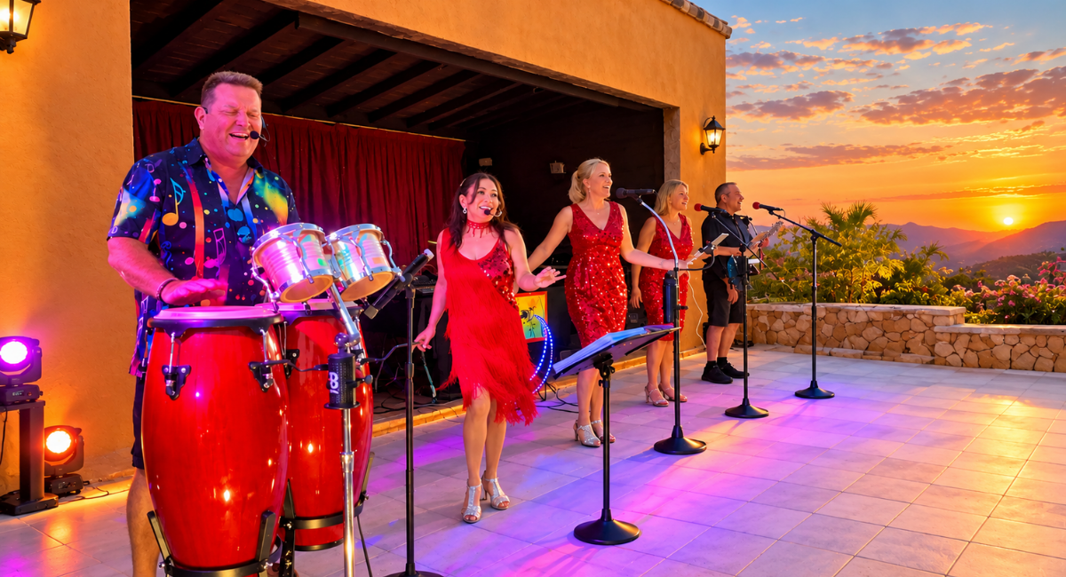 Banda tocando en directo en el escenario de Pool Bar al atardecer, con las montañas al fondo