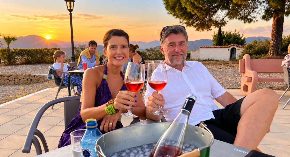 Pareja brindando con vino rosado en la terraza de Pool Bar al atardecer, entre pinos y montañas